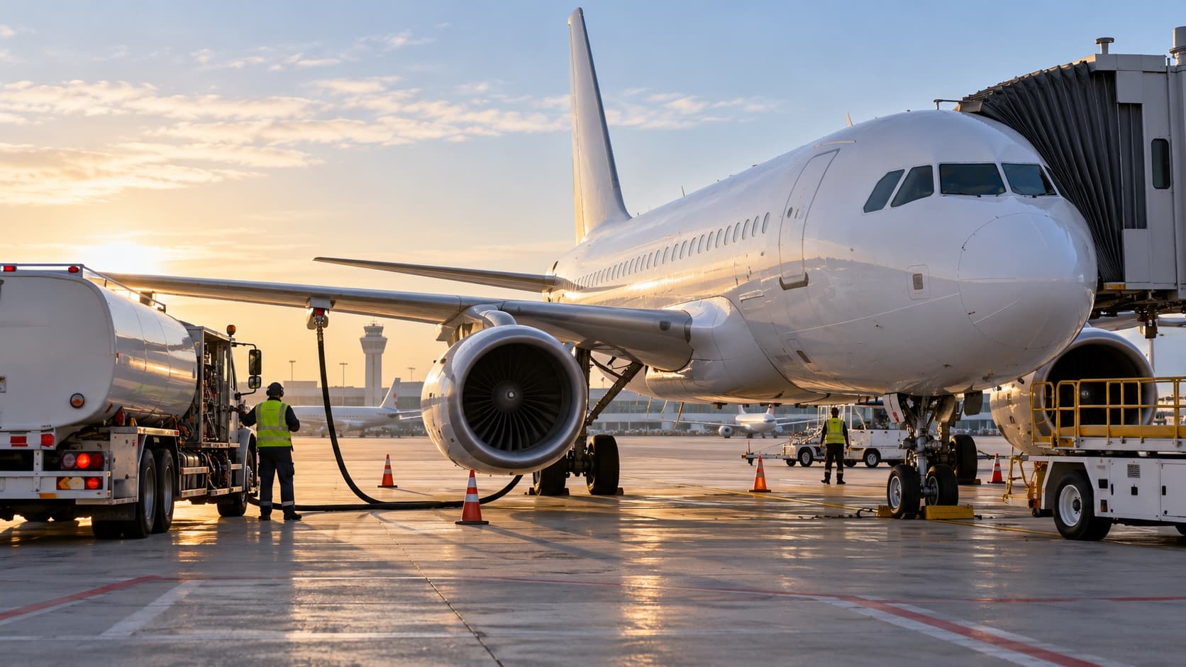 Illustration of a passenger aircraft being refueled at an airport gate.