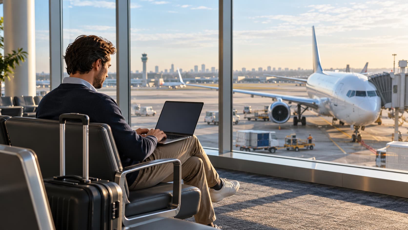 Traveler using a laptop beside an airport window overlooking a passenger aircraft