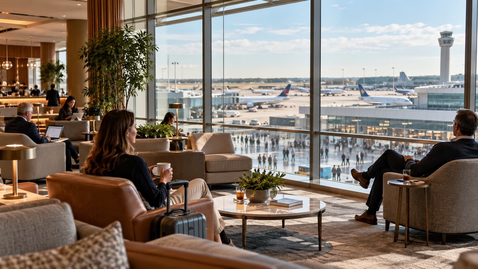 Illustrative airport seating area overlooking a sunlit concourse