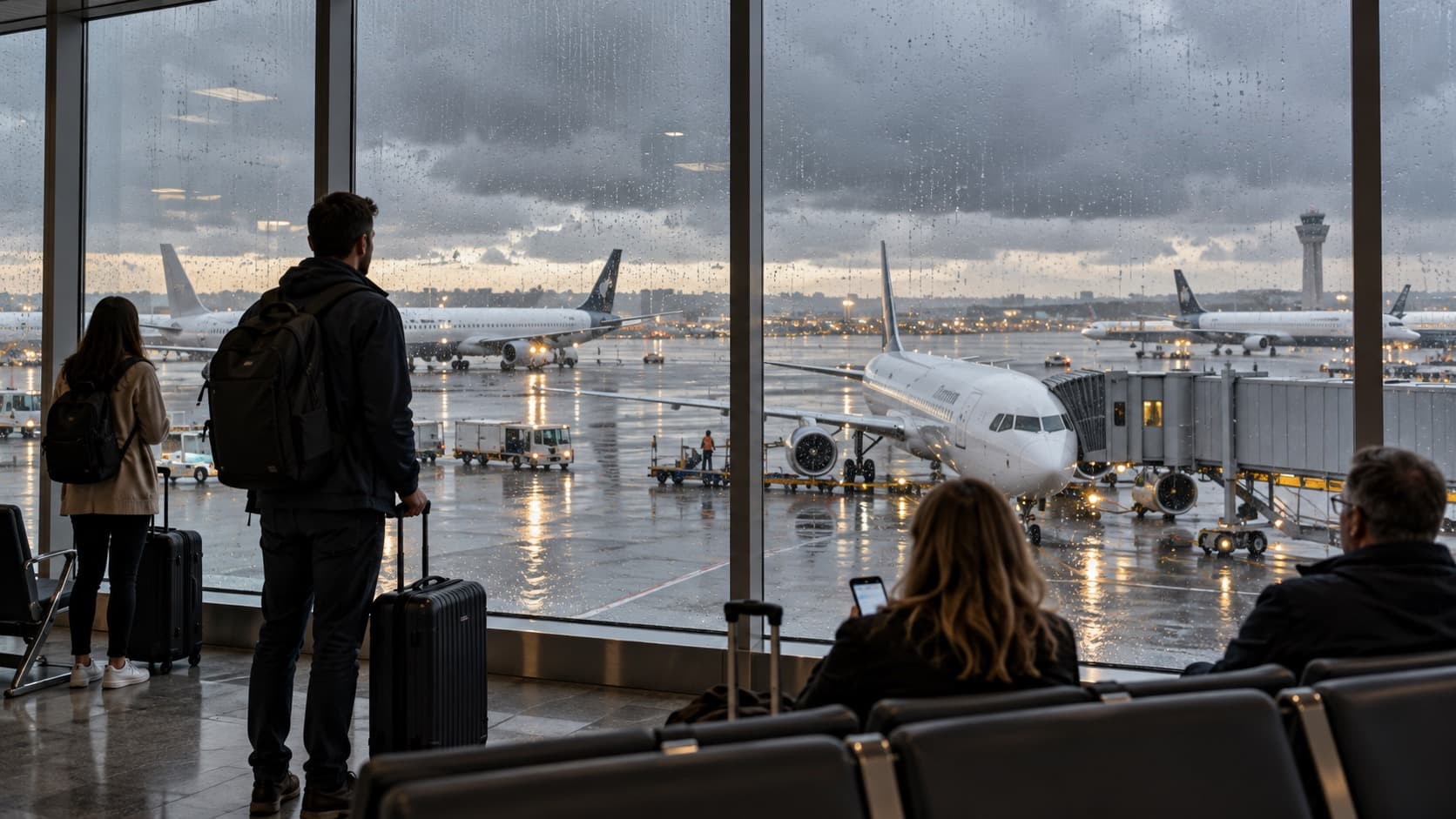 Illustrative airport terminal overlooking aircraft parked beneath cloudy skies