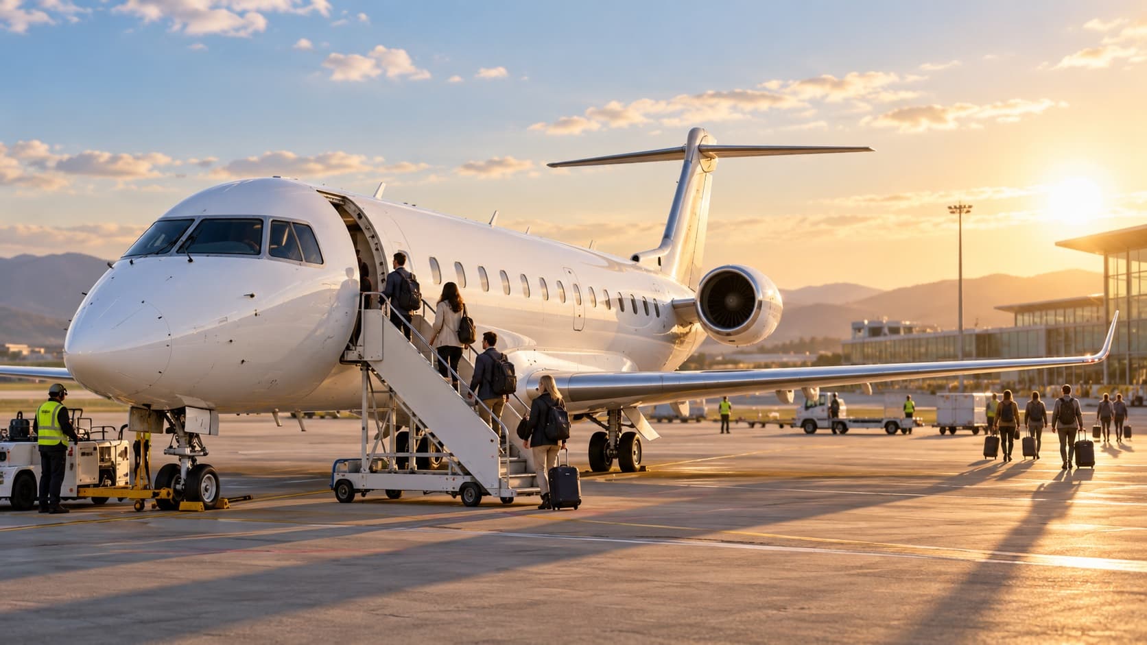 Illustration of a regional passenger jet at a sunlit airport