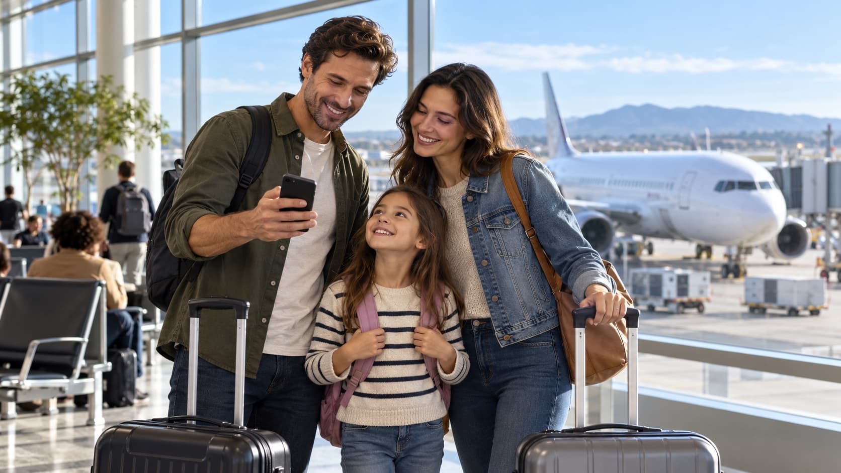 Illustration of a family reviewing travel plans on a phone in an airport.