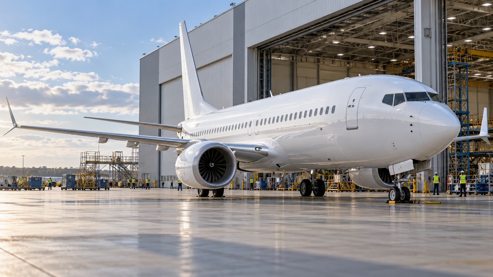 Illustration of a narrowbody passenger aircraft outside an aviation hangar