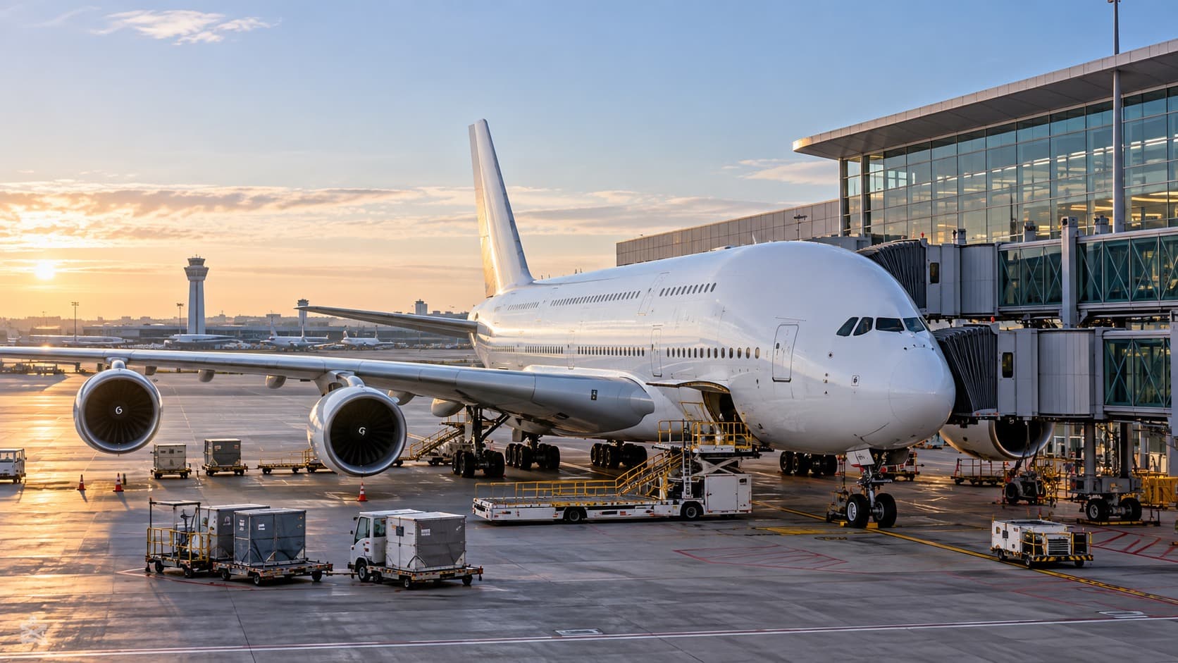 Unbranded double-deck passenger aircraft parked beside an airport terminal