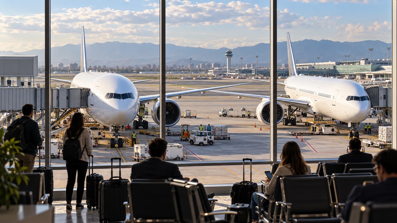 Two unbranded passenger aircraft at adjacent international airport gates