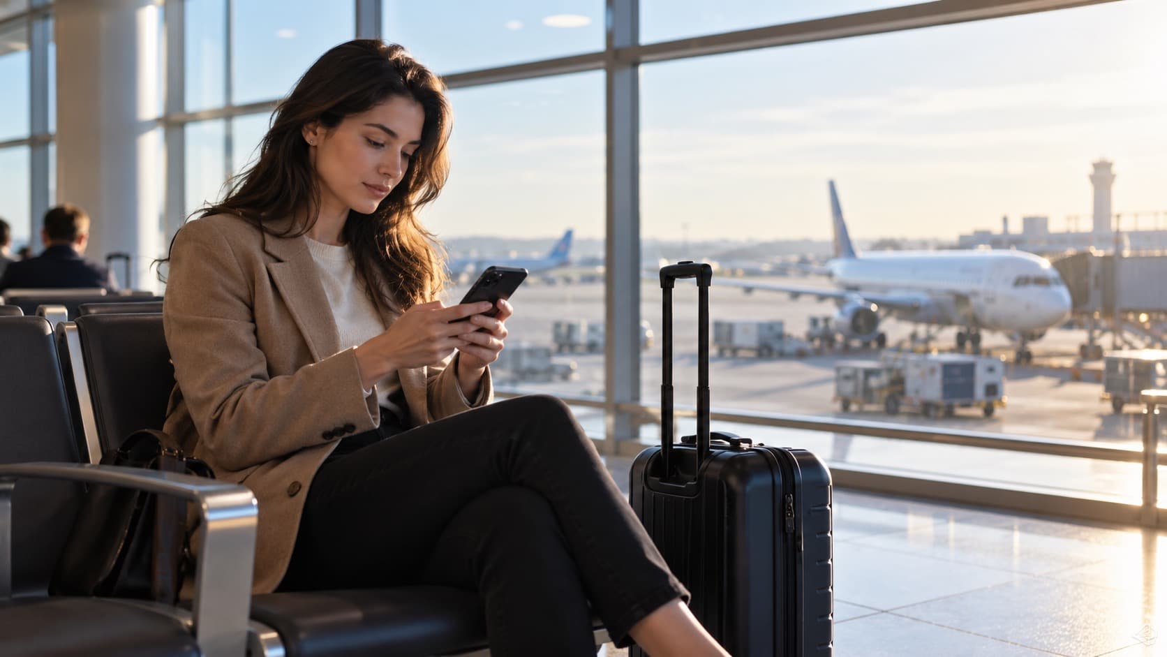Illustrative airport traveler checking a smartphone near departure gates