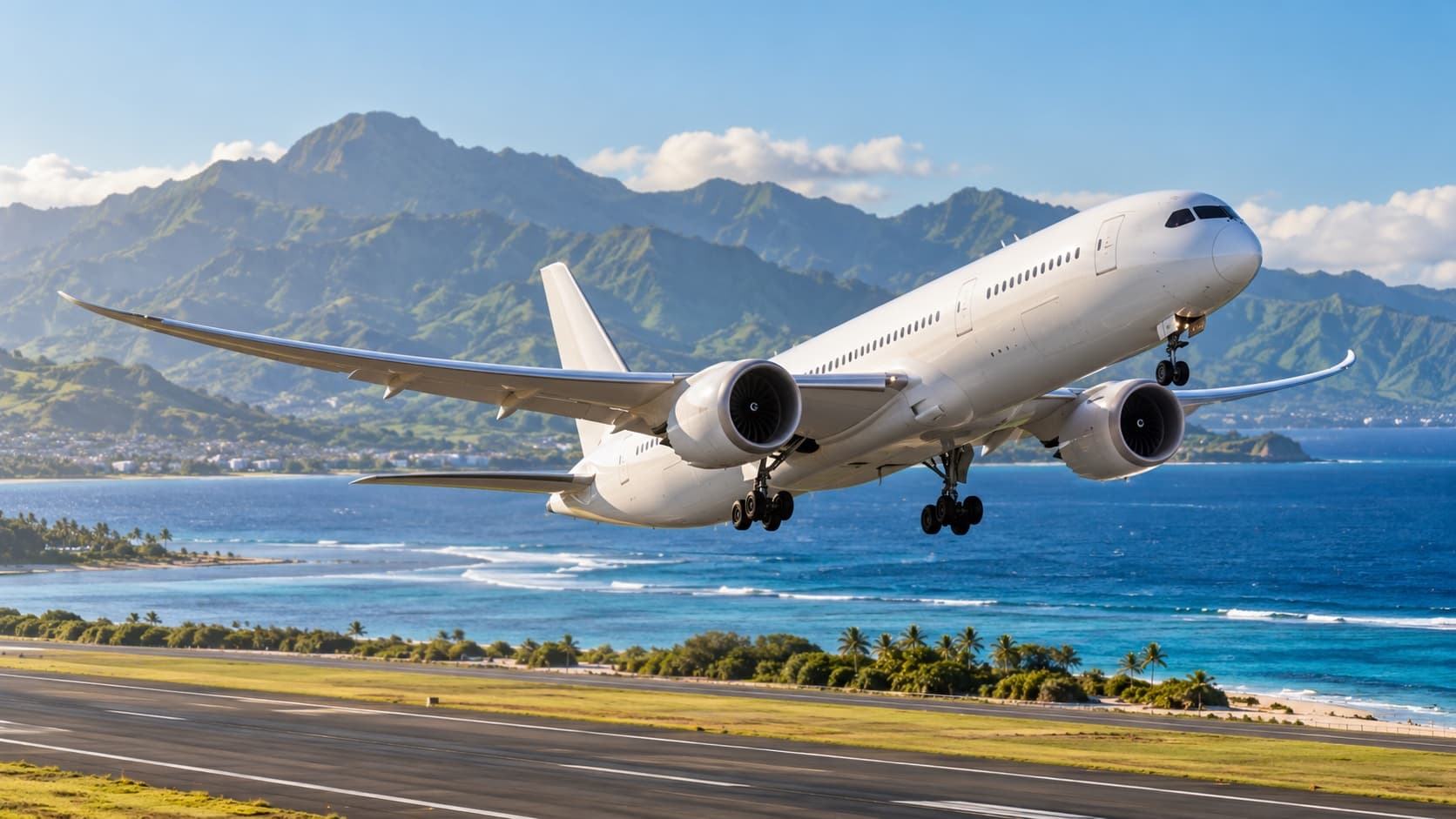 Illustration of a widebody passenger aircraft departing a coastal airport