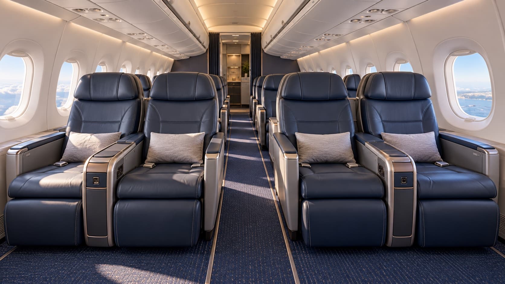 Illustration of spacious reclining seats inside a domestic first-class cabin