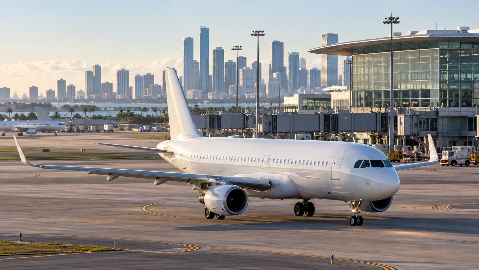 Illustrative passenger aircraft taxiing beside an urban airport terminal