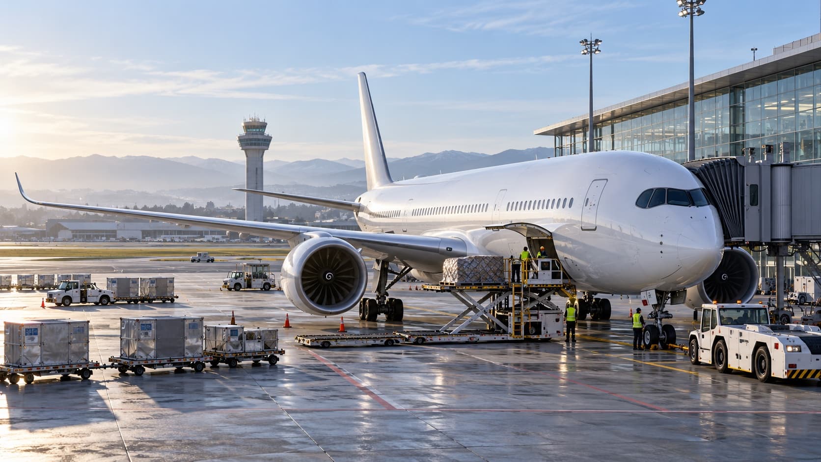 Illustration of a long-haul passenger aircraft beside a modern terminal