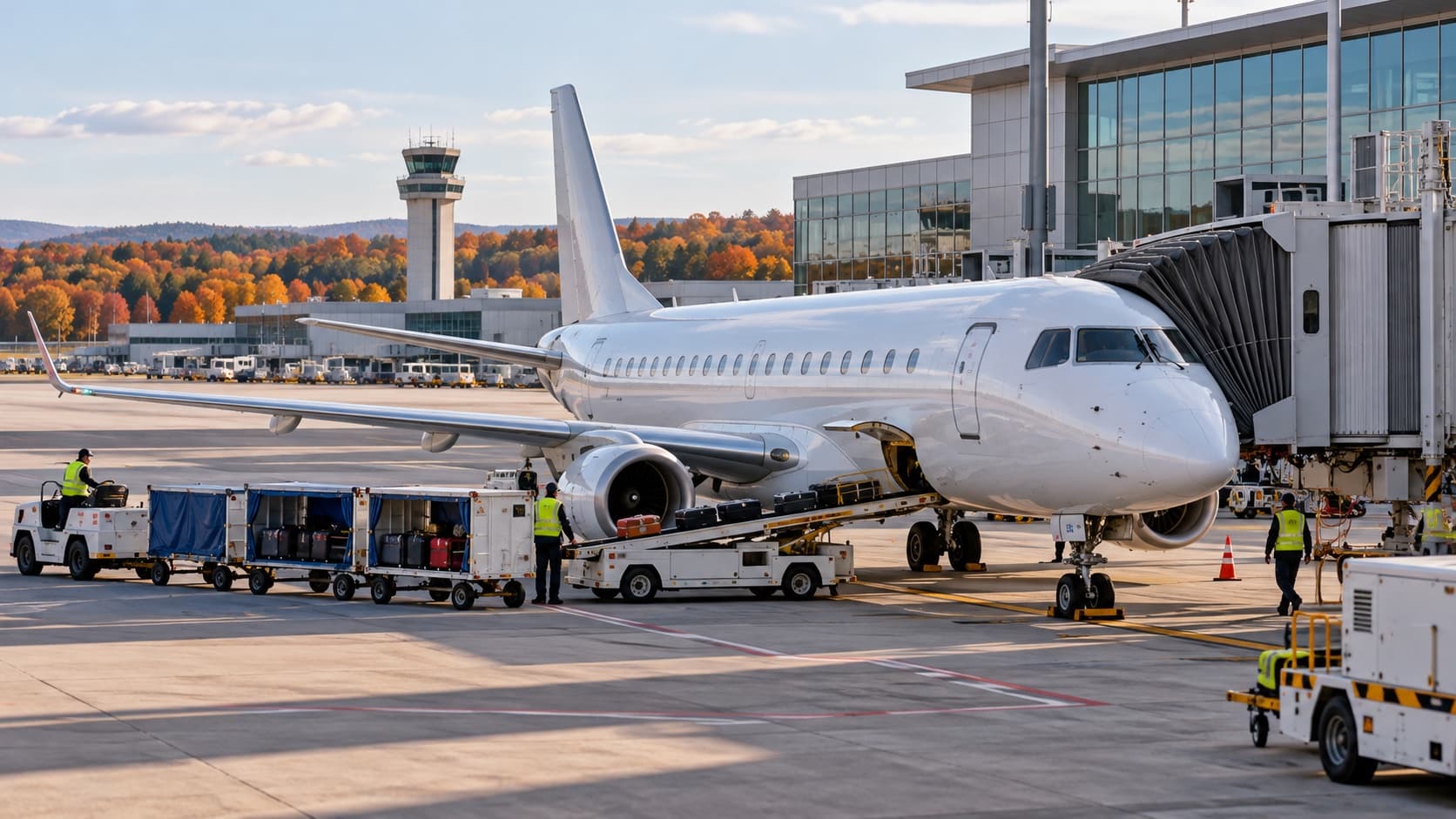 Illustration of a regional passenger jet parked beside an airport terminal.