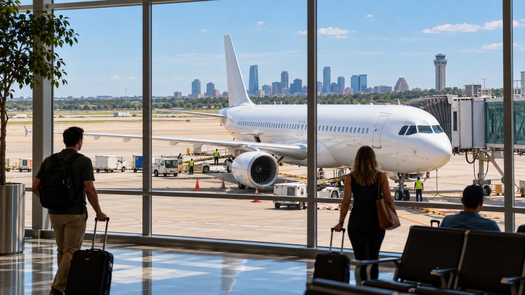 Unbranded passenger jet parked beside a sunlit airport terminal