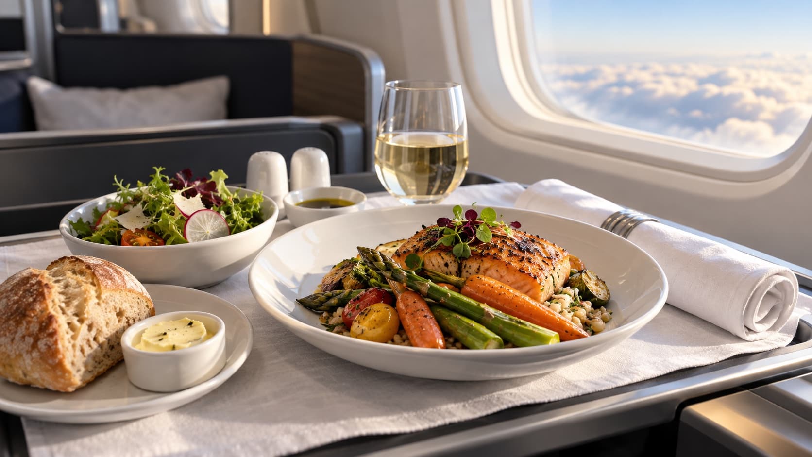 Illustration of a plated meal on a business-class aircraft tray table.